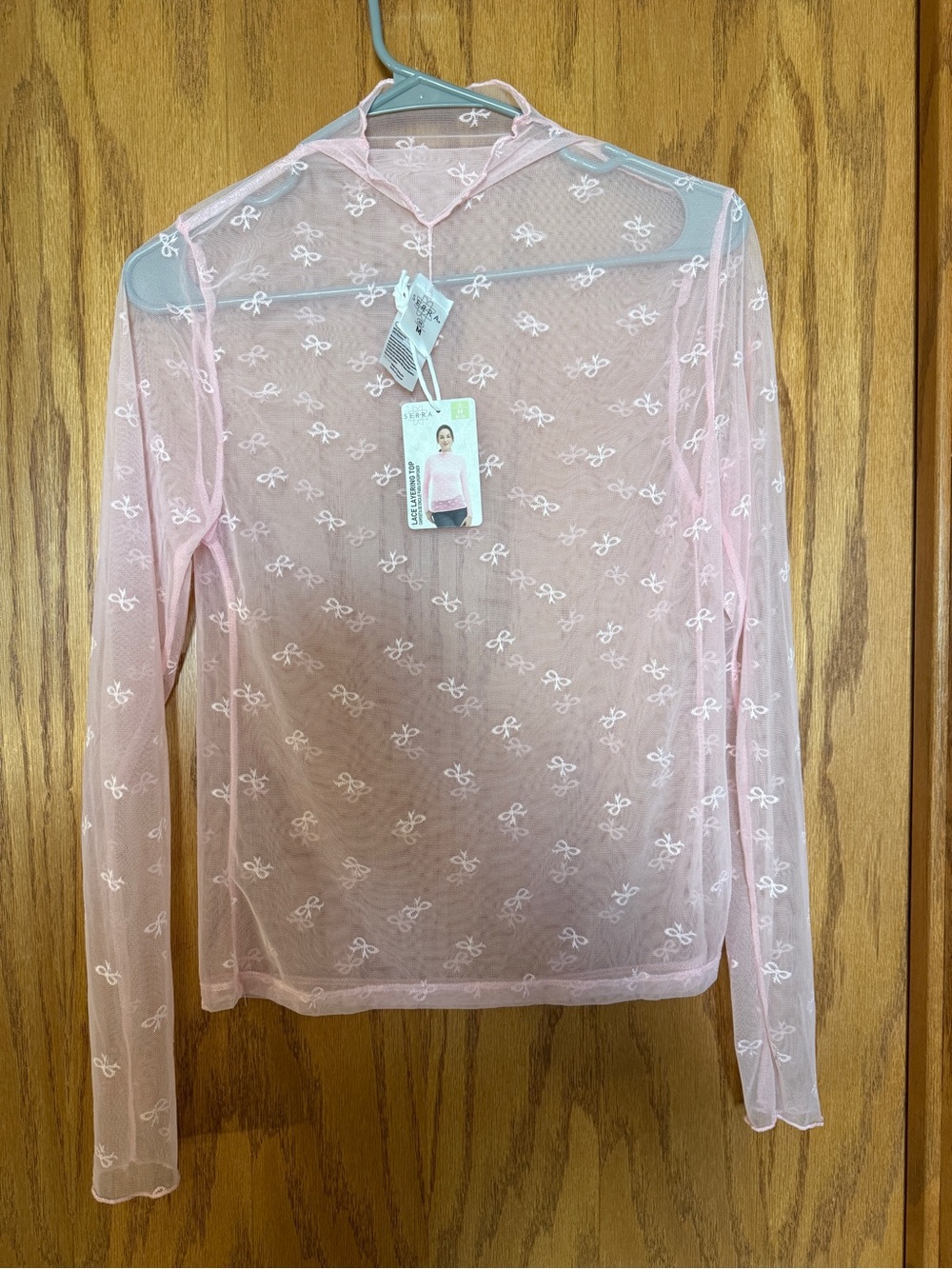 Serra Sheer Long-Sleeve Mesh Top in Light Pink with Bow Embroidery